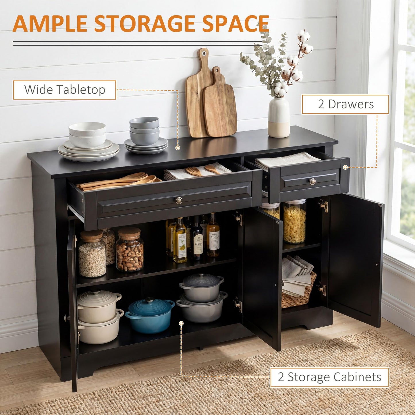 HOMCOM Sideboard Buffet Cabinet, Modern Buffet Cabinet with Storage and 2 Drawers, Coffee Bar Station with Adjustable Shelves for Kitchen, Entryway, Black
