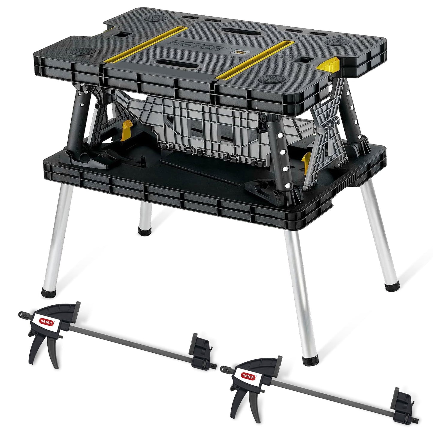 Keter Heavy-Duty Folding Workbench with 1,000 Pound Capacity - Foldable Work Table for Garage, Woodworking, and Outdoor Workshop with 12 Inch Adjustable Clamps
