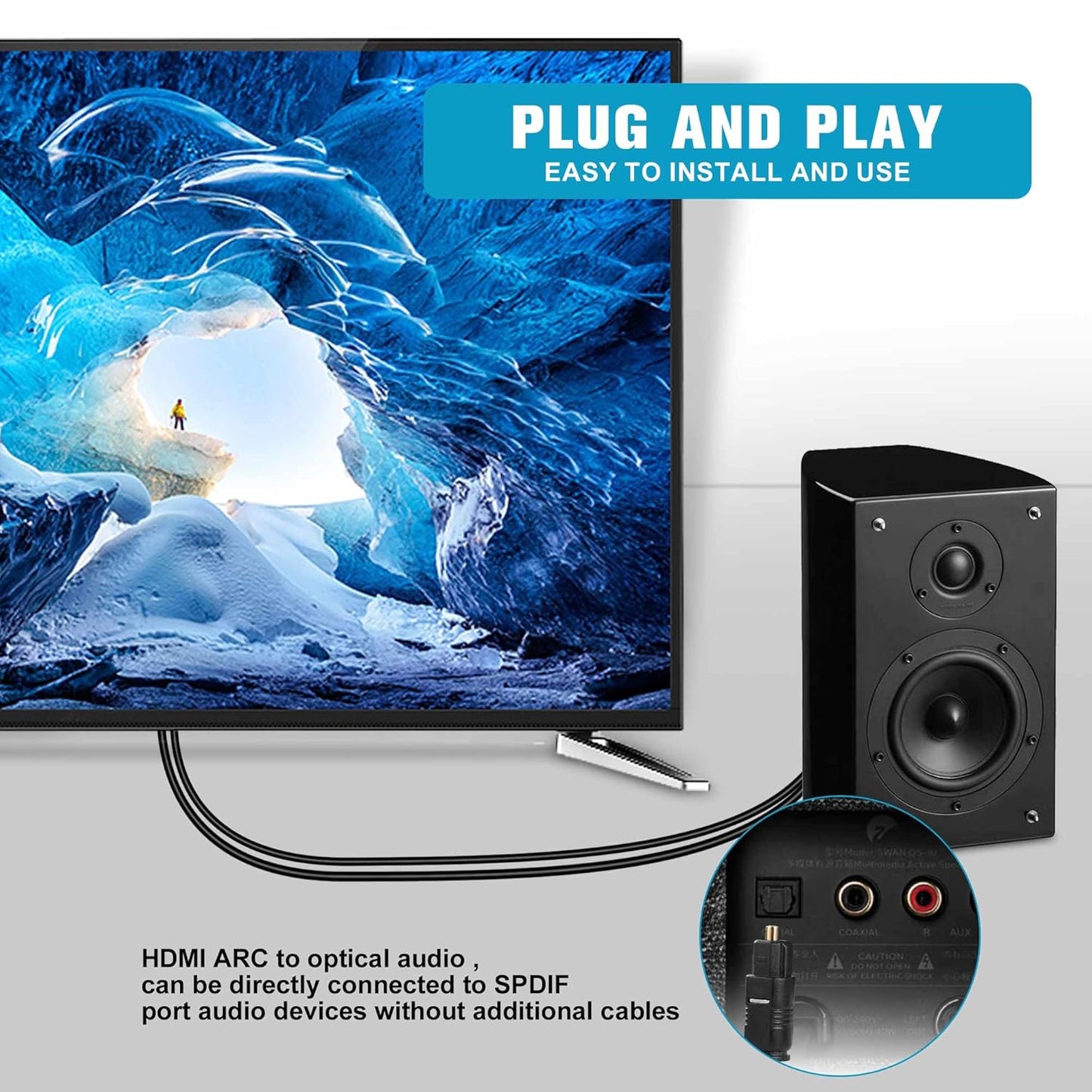 192KHz 3.4ft/1.05m Dolby/DTS 5.1 HDMI ARC to Optical Audio Converter for TV to Soundbar, Plug & Play ARC to Optical