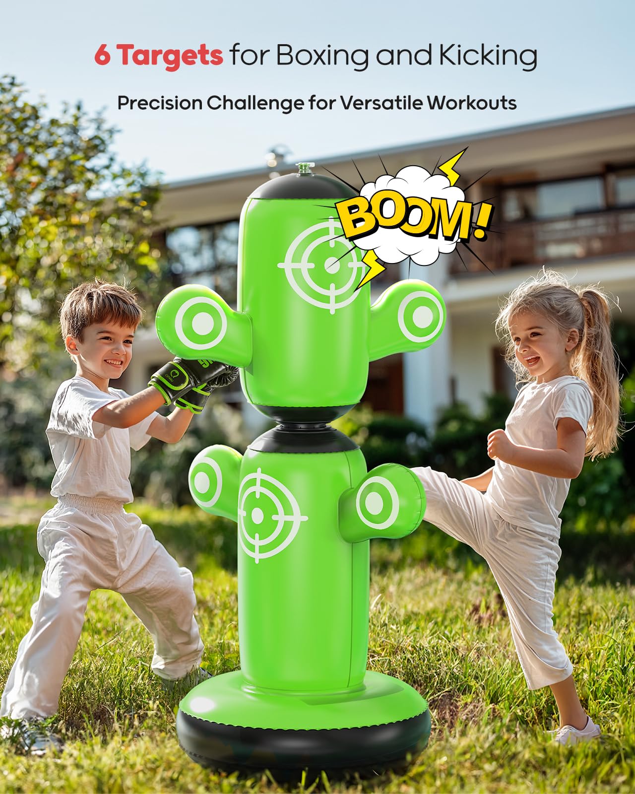 QPAU 360° Rotatable Punching Bag for Kids, Lager 64” Kids Punching Bag with Gloves, Hand Pump & 6 Targets, Bop Bag Inflatable Punching Toy, Karate Gifts for Boys, Girls