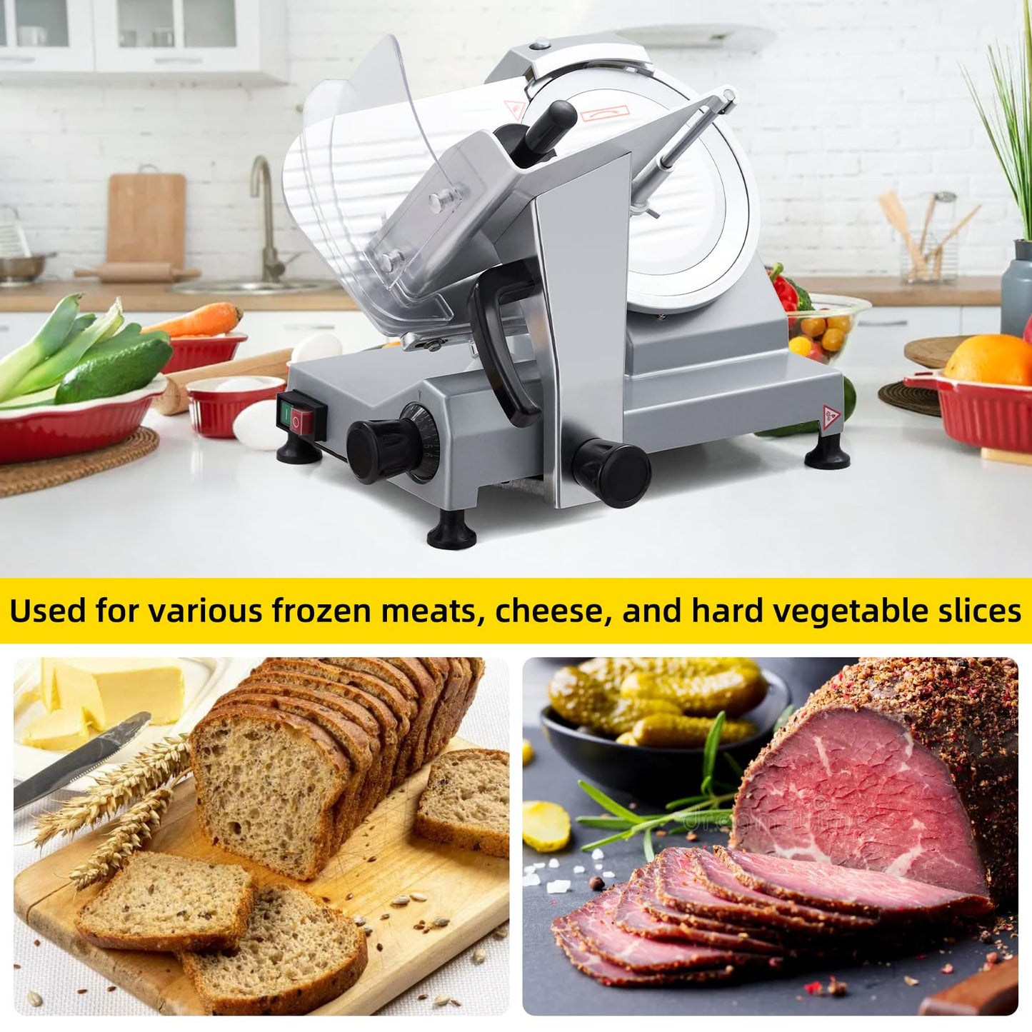 Takywep Takywep Commercial Meat Slicer - 10 Inch Electric Food Slicer, Semi-automatic 240W, Stainless Steel, Adjustable Thickness 0-12mm, Silver, Home & Commercial Use