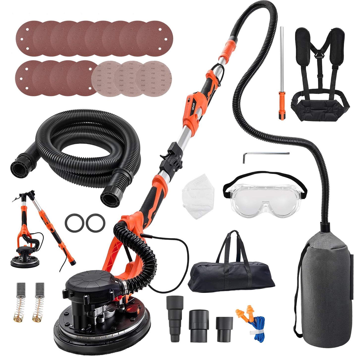 VEVOR Drywall Sander, 1150W Electric Drywall Sander, Popcorn Ceiling Removal Tool with Vacuum Dust Collection, 5 Variable Speed 800-1700 RPM, LED Light, Foldable & Extendable Handle, 15 Sanding Discs