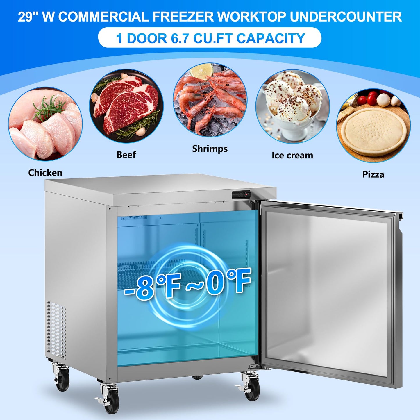 Rockitch 60" W Commercial Undercounter Freezer, 14.1 Cu.ft Stainless Steel Worktop Freezer, 2 Doors Fan Cooling Kitchen Fridge with Adjustable Shelves for Restaurant Food Prep, ETL Approved