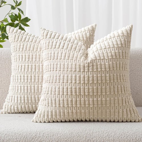 MIULEE Corduroy Decorative Throw Pillow Covers - Soft Boho Striped Design | 12x12 Inch Cream White for Modern Farmhouse Decor