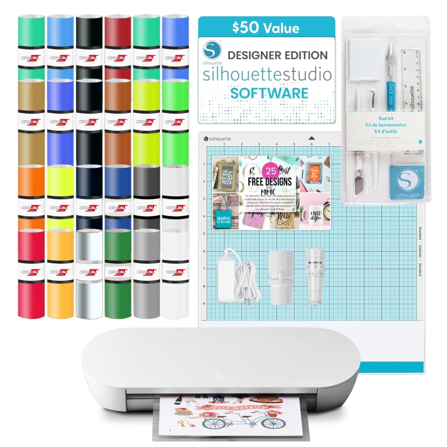 Silhouette America Portrait 4 Vinyl Cutting Machine, Starter Bundle - 9"" Precision Cutter with Designer Edition Software, 24 Sheets Oracle Vinyl, Tool Kit & 25 Free Designs - Electric Tool Compatible