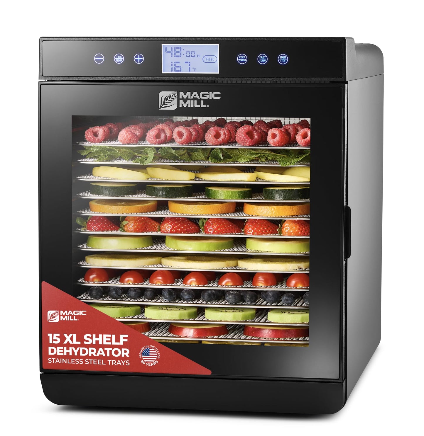 Magic Mill Premium Food Dehydrator Machine (15 Extra-Large Stainless Steel Trays) 800W Dryer for Beef Jerky, Fruits, Vegetables, Dog Treats, 48 Hour Digital Timer - 95°-167° Temperature Control
