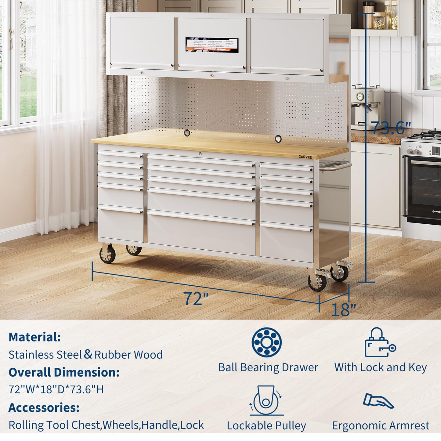 Garvee 72-Inch Heavy-Duty Rolling Tool Chest & Mobile Workbench with 9 Drawers & 3 Top Cabinet, Rubber Wood Tabletop, Key Locking System, Drawer Liners & Wheels, Steel Storage Cabinet for Garage