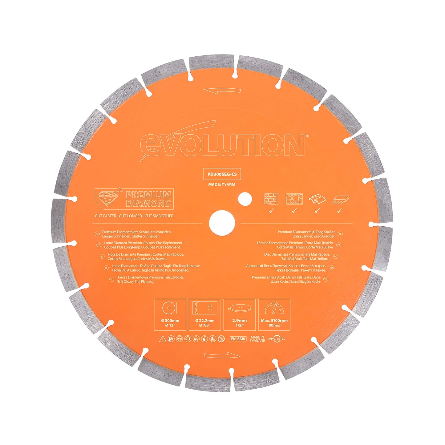 Evolution - 12 in Concrete Saw - 15A Motor, No Gas - 4-1/2 in Cut - Incl Premium Diamond Blade & 12 Inch Premium Diamond Blade With Segmented Edge and High Diamond Concentration, 1 In Bore