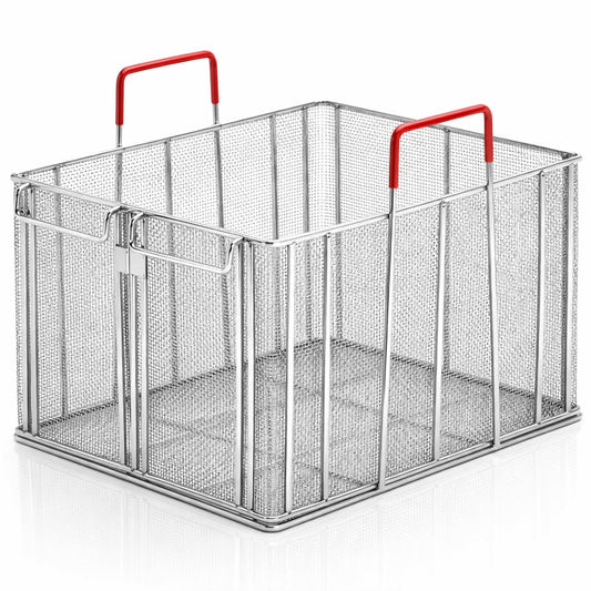 Sawysine Stainless Steel Pasta Basket, 16 Inch Large Rectangle Pasta Boil & Strainer Basket for Kitchen, Commercial Collander with Insulated Red Handle and Drain Hook