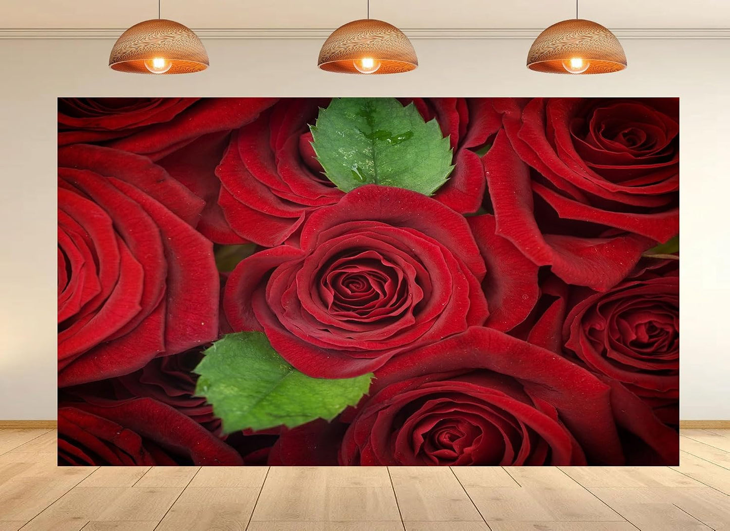 UPXIO 8x6ft Red Roses with Green Leaves Backdrop Romantic Floral Bouquet Photo Background Tapestry for Valentine's Day