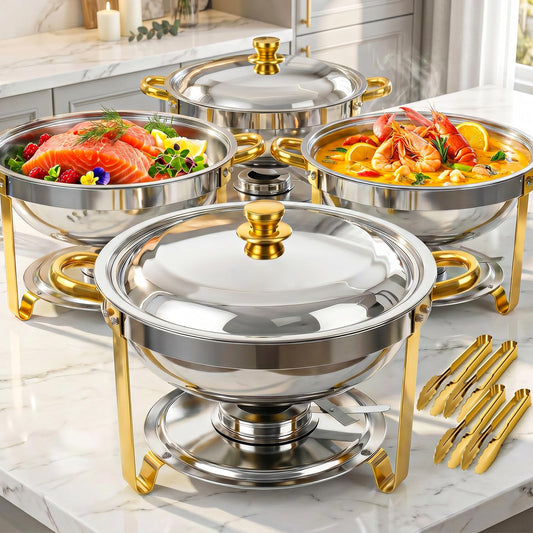 POWERFUEL Chafing Dishes for Buffet, 4 Pack 6QT Round Stainless Steel Chafers Sets with 4 Serving Tongs, Rolled-Edge Food Warmers for Parties, Catering, Weddings, Events Dinners
