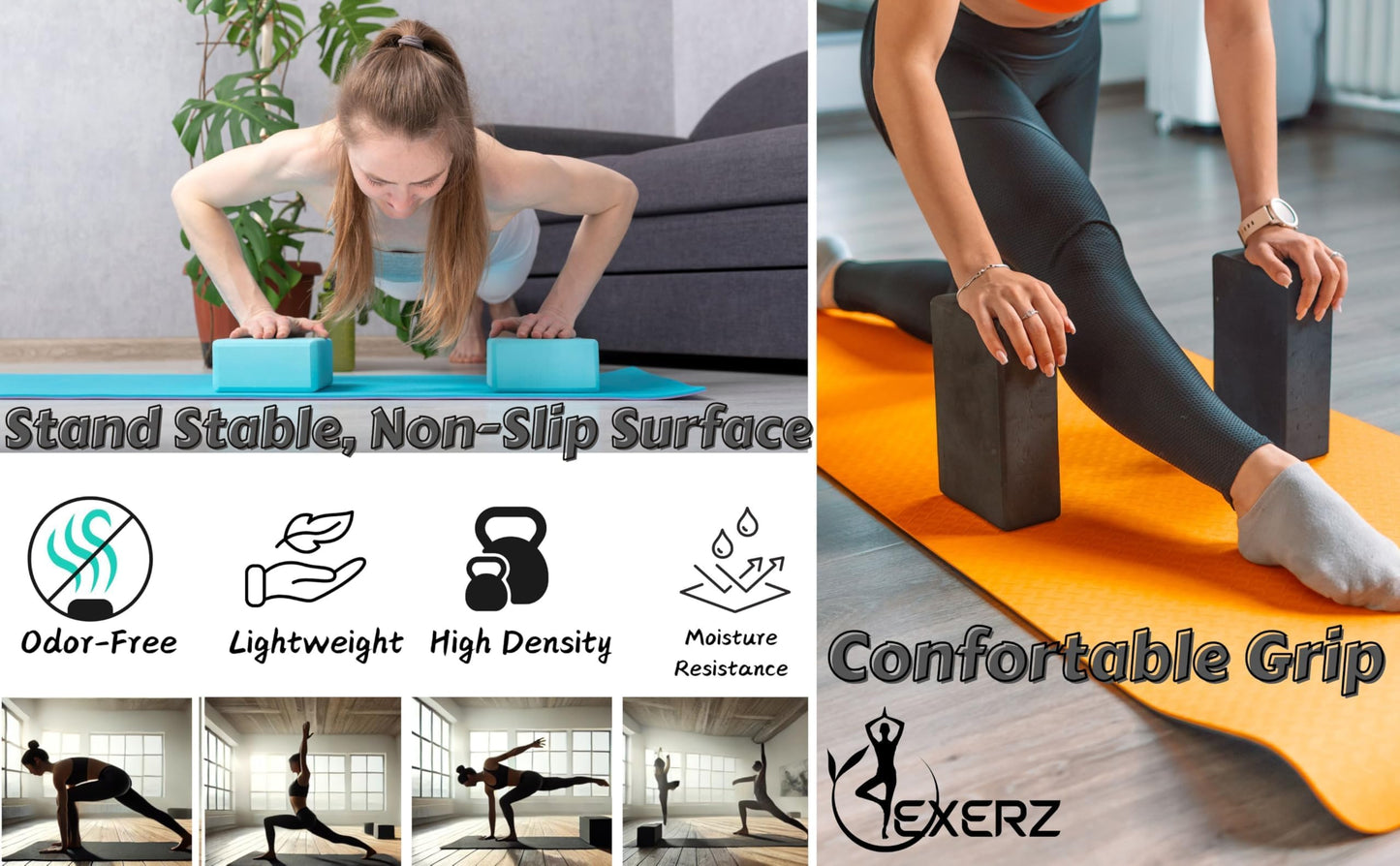 EXERZ Yoga Blocks 2 pack, Gym Blocks, Exercise Workout Fitness Bricks, Pilates Stretch Handstand Non-Slip (Black 2pcs)