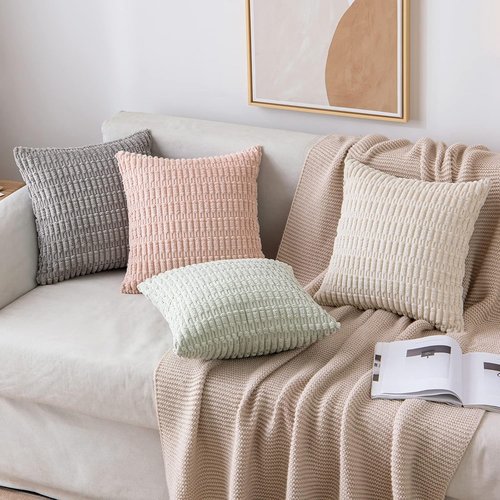 MIULEE Corduroy Decorative Throw Pillow Covers - Soft Boho Striped Design | 12x12 Inch Cream White for Modern Farmhouse Decor