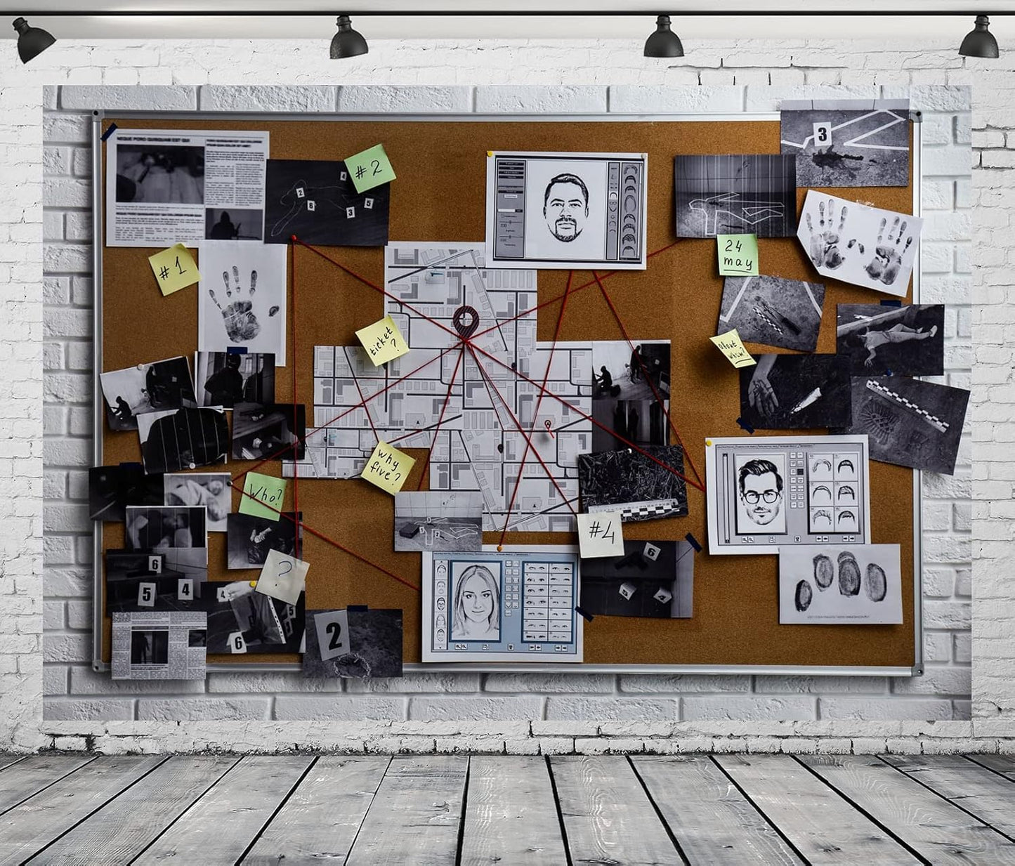 BELECO 8x6ft Fabric Spy Theme Detective Photography Backdrop Detective Board with Crime Scene Photos Fingerprint Clues
