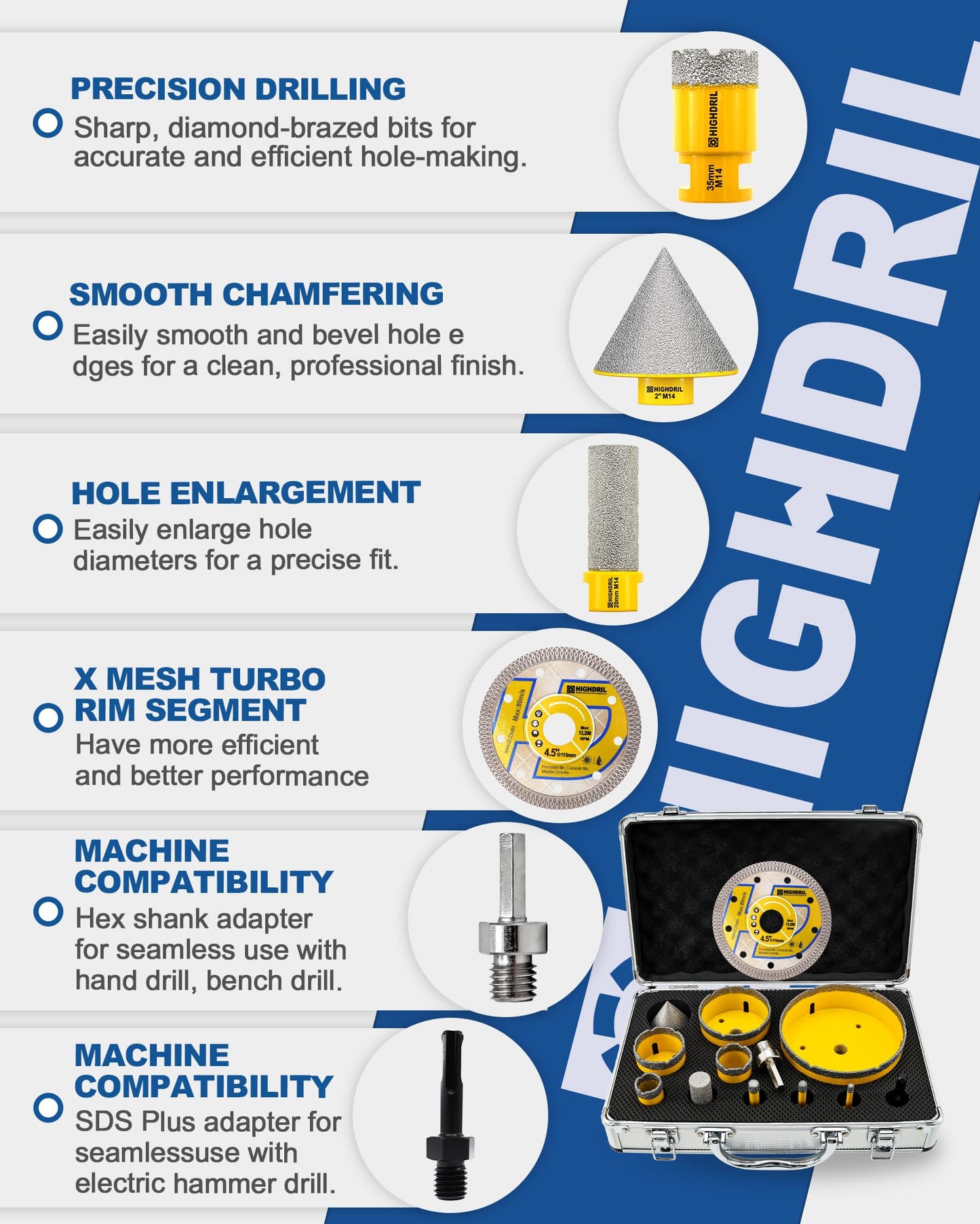 HIGHDRIL 13Pcs Diamond Hole Saw Kit and HIGHDRIL Diamond Drill Bit Set - 4pcs