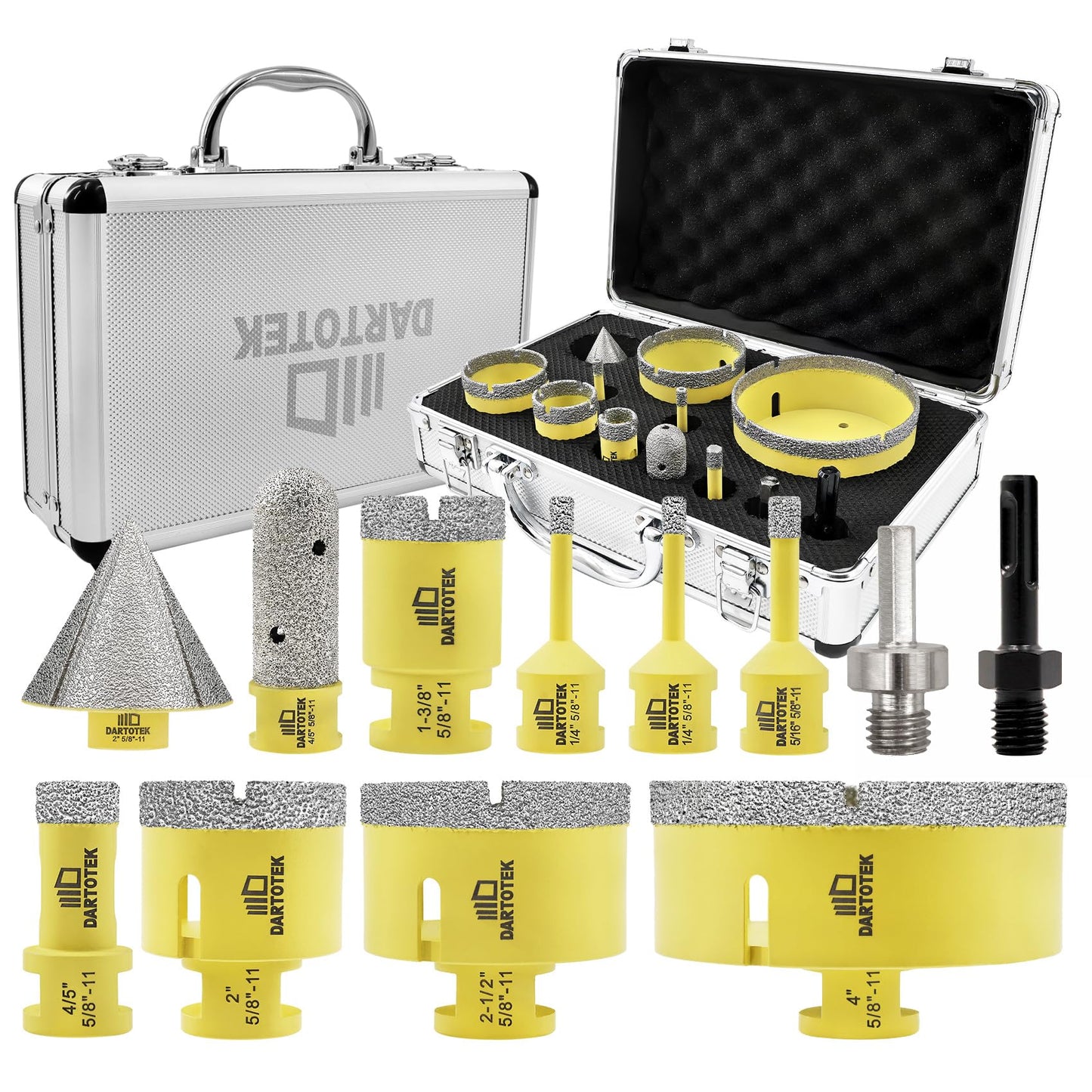Diamond Core Drill Bits Set 12PCS - DARTOTEK Tile Hole Saw Kit and SHDIATOOL Dry Diamond Polishing Pads 4 Inch Set of 7 Pieces Plus a Rubber Backer