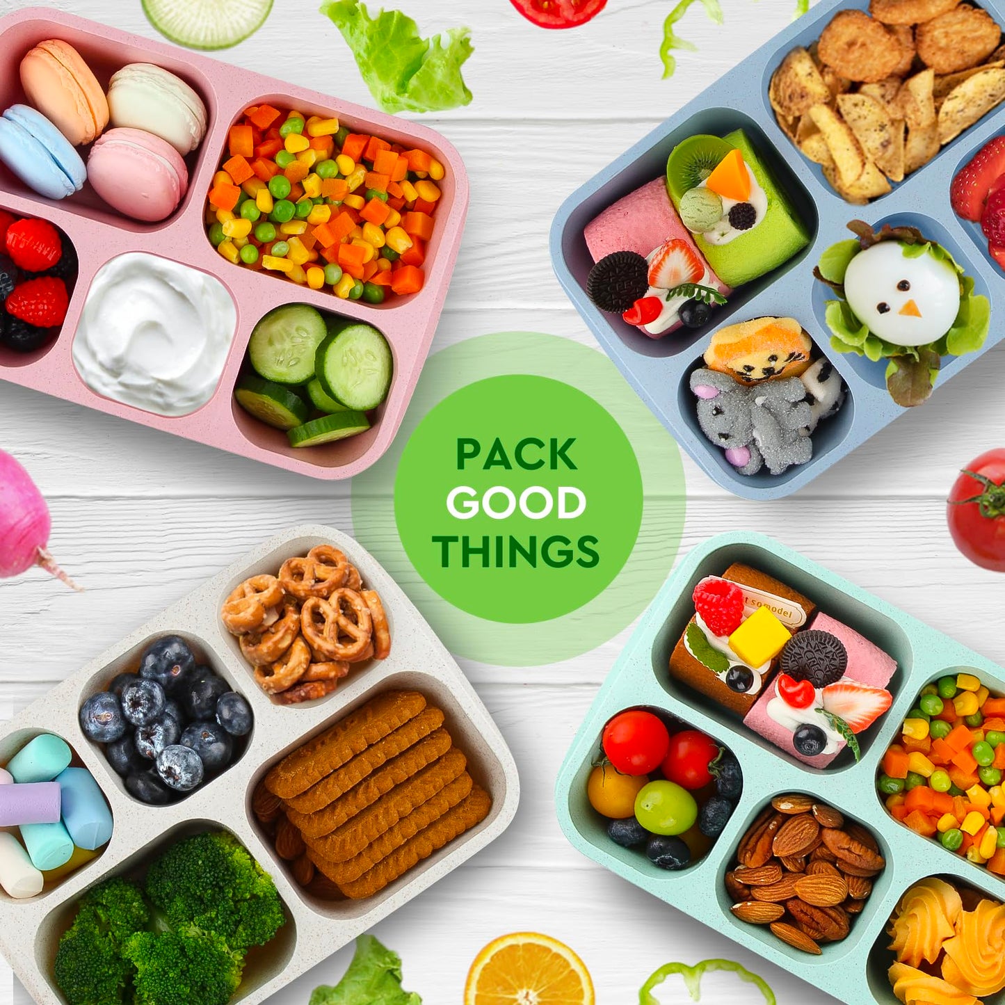 Lunbxx Bento Lunch Boxes - Reusable 5-Compartment Food Lunchables Containers, Snack Boxes For Adults Container for School, Work, and Travel, Set of 4 (Wheat)