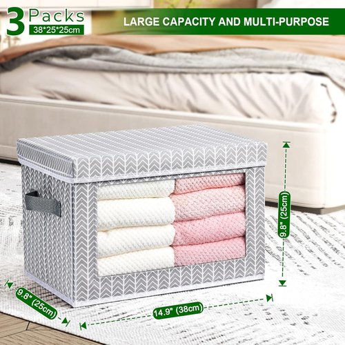 Homsorout Storage Cubes - 3-Pack Fabric Bins with Lids & Windows | Decorative Grey & White Storage Solutions