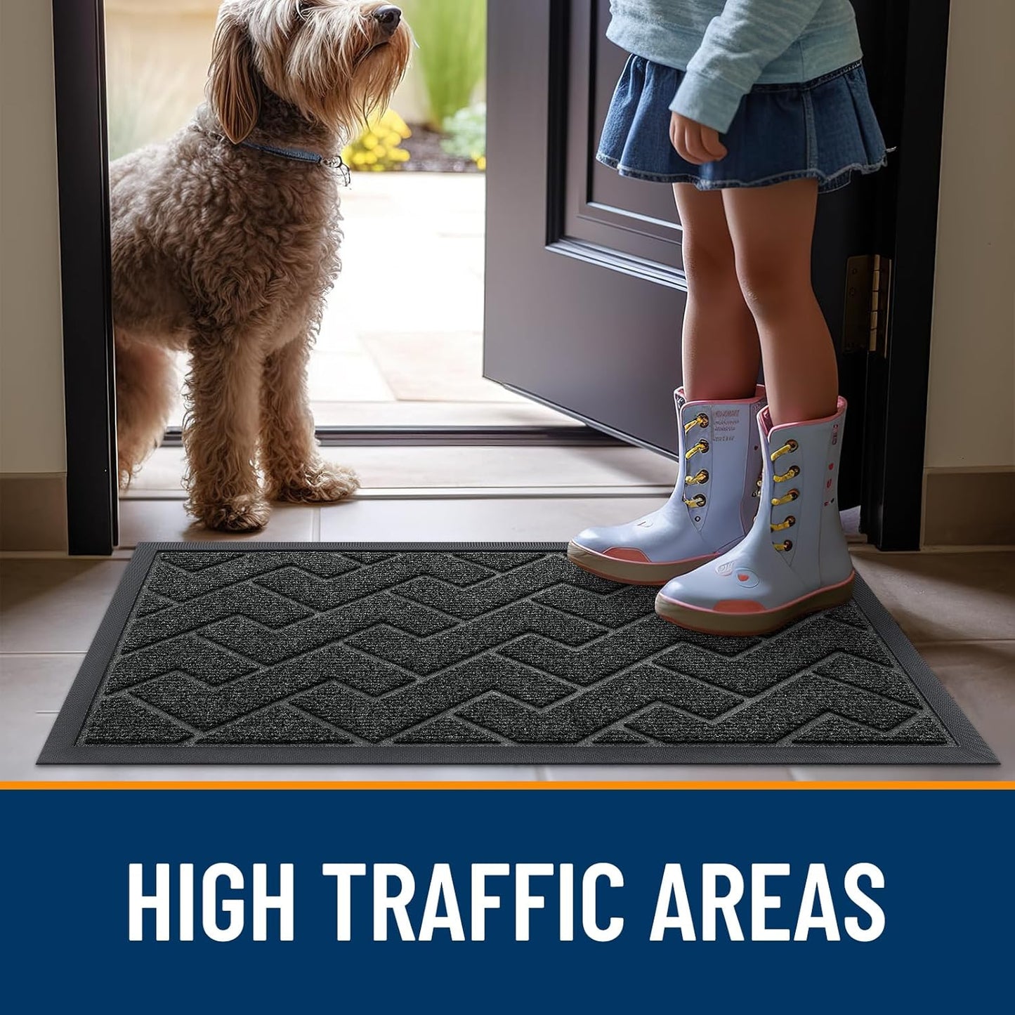 OLANLY Indoor Outdoor Front Door Mat - Waterproof All-Season Herringbone Doormat | Easy Clean, Black (59x35)