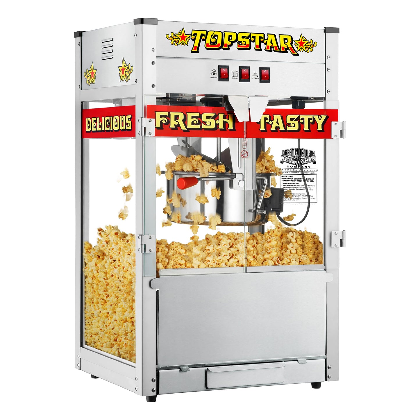 Top Star Popcorn Machine - 12oz Stainless-Steel Kettle, Reject Kernel Tray, Warming Light, and Accessories by Great Northern Popcorn (Red and Yellow)