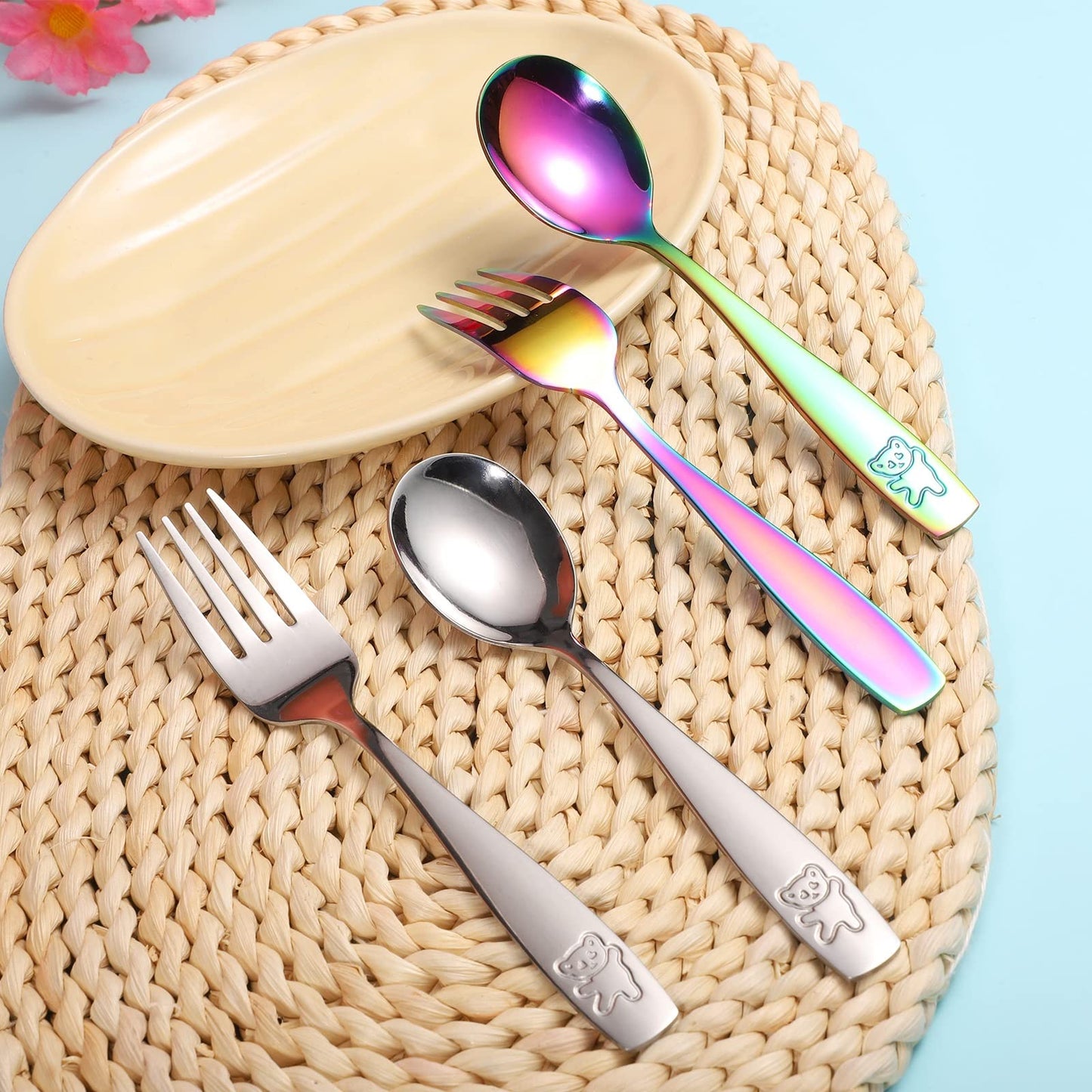 Pimoys 12 Pieces Toddler Utensils Kids Rainbow Silverware Set, Stainless Steel Childrens Safe Forks and Spoons, Metal Kids Cutlery Set, Dishwasher Safe