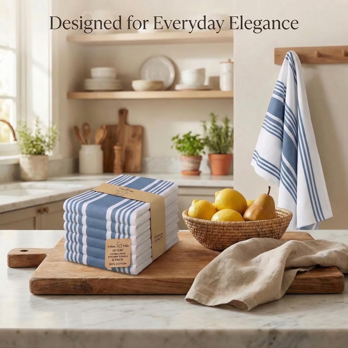 Urban Villa Kitchen Towels Blue White Striped 100% Cotton Set of 6, 20x30 Inch Oversized Dish Cloths, Highly Absorbent, Mitered Corners & Hanging Loop, Hand & Tea Towels, Dish Towels