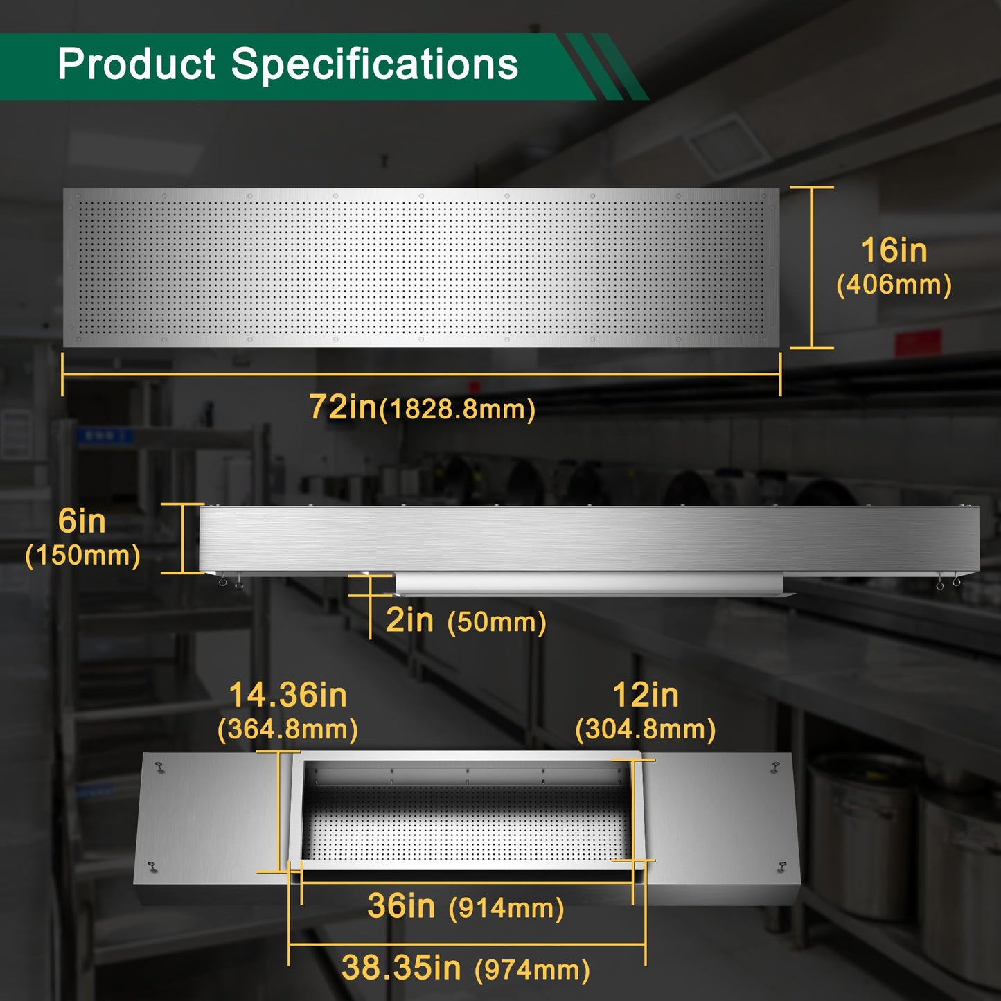 8ft Perforated Supply Plenum for Commercial Exhaust Hood–Makeup Air Hood Stainless Steel Air Supply Plenum with Microplate, Lifting Lugs & Dual Exhaust Ports