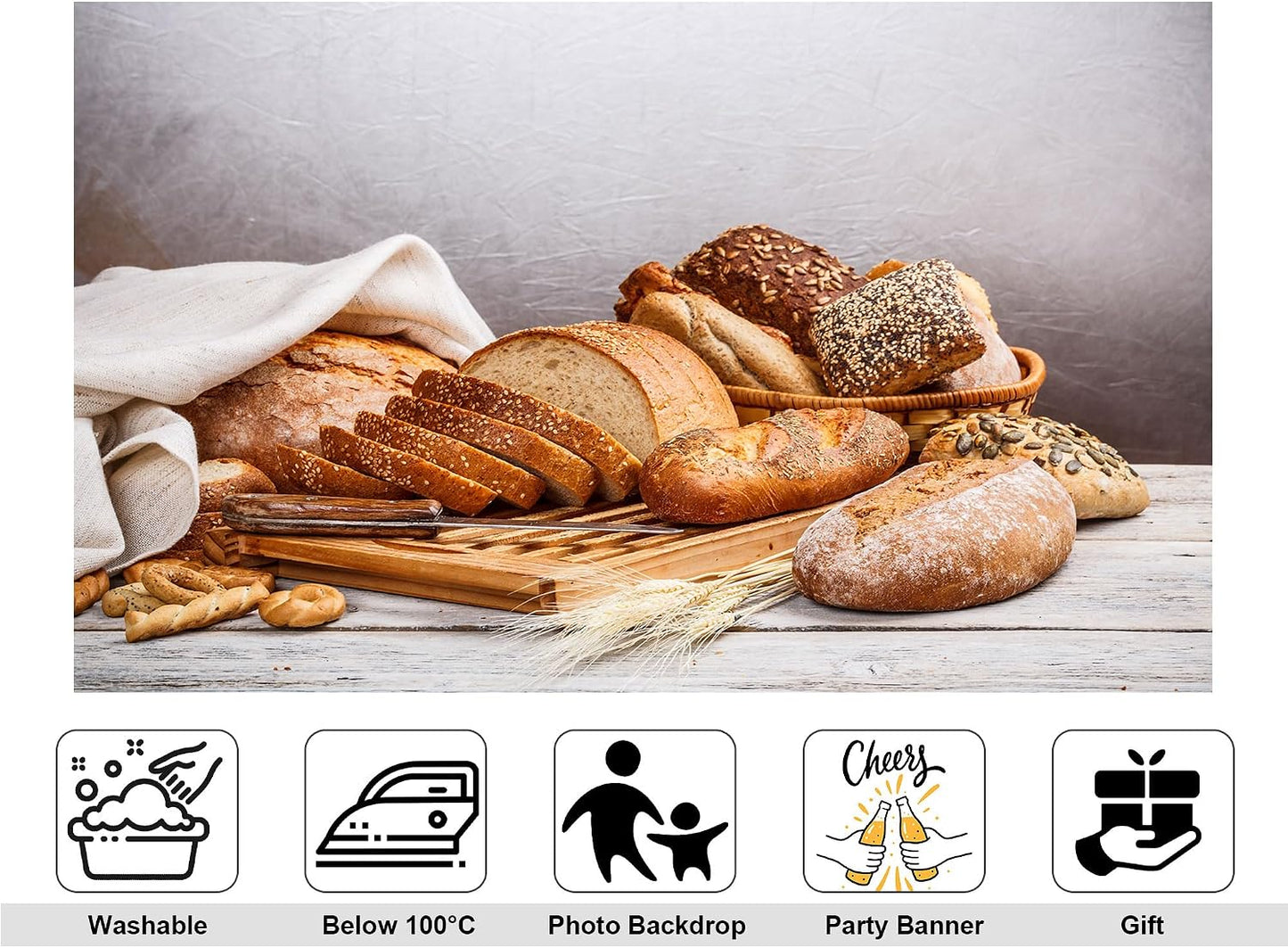 KeyWork 8x8ft Artisan Bread Assortment Backdrop Fresh Bakery Photography Background for Party Food Themed Gathering