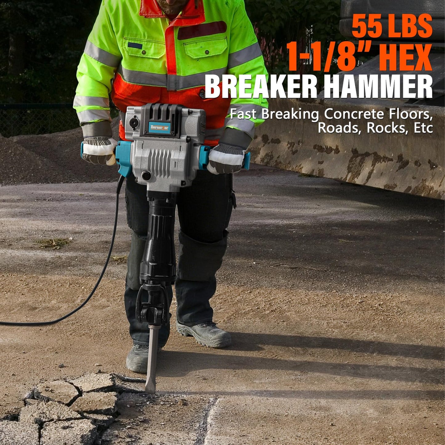 Berserker 55-Pound 1-1/8" Hex Shank Breaker Hammer, 2100W 17-Amp Heavy Duty Concrete/Pavement Demolition Jack Hammer with Carrying Case Bull Point Chisel & 2 Flat Chisel