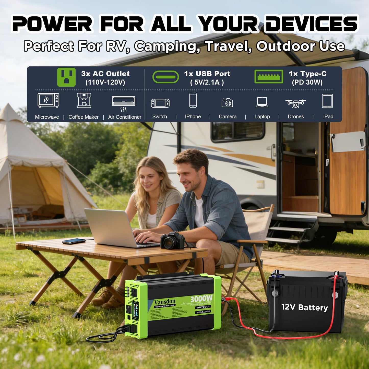 Vansdon 3000W Pure Sine Wave Inverter 12V DC to 120V AC Power Inverters for RV,Truck, Solar, Home, Off-Grid, Car with LCD Display, 3 AC Outlet, 30W USB-C, 5V 2.1A USB,Remote Control, Surge 6000W