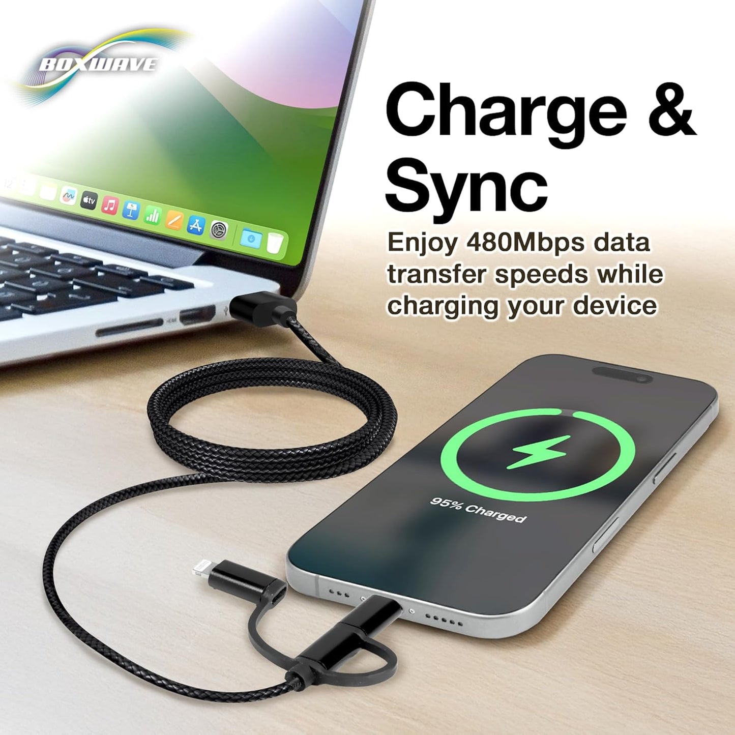 BoxWave D19 MP3 3-in-1 Cable Compatible with RUIZU Bluetooth Player - AllCharge Cable - Jet Black