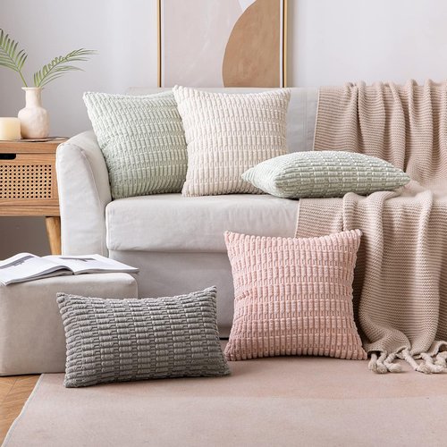 MIULEE Corduroy Throw Pillow Covers - Soft Boho Striped Design, 12x12 Inch, Cream White | Modern Farmhouse Decor