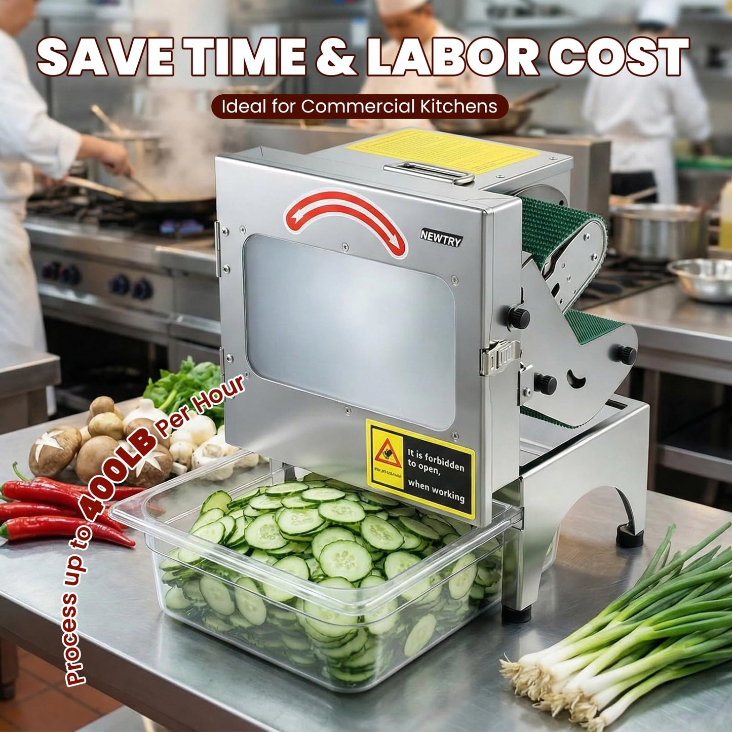 NEWTRY Commercial Vegetable Slicer Machine 200W Electric Food Processor with Automatic Conveyor Belt 400LB/H Thickness Adjustable for Spring Onion Scallion Cucumber Banana Restaurant Kitchen Use