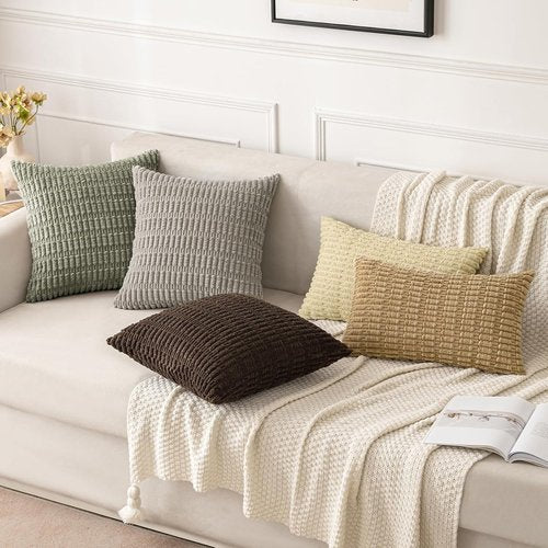 MIULEE Corduroy Throw Pillow Covers - Soft Boho Striped Design | 20x20 Inch Light Olive Green, Set of 2