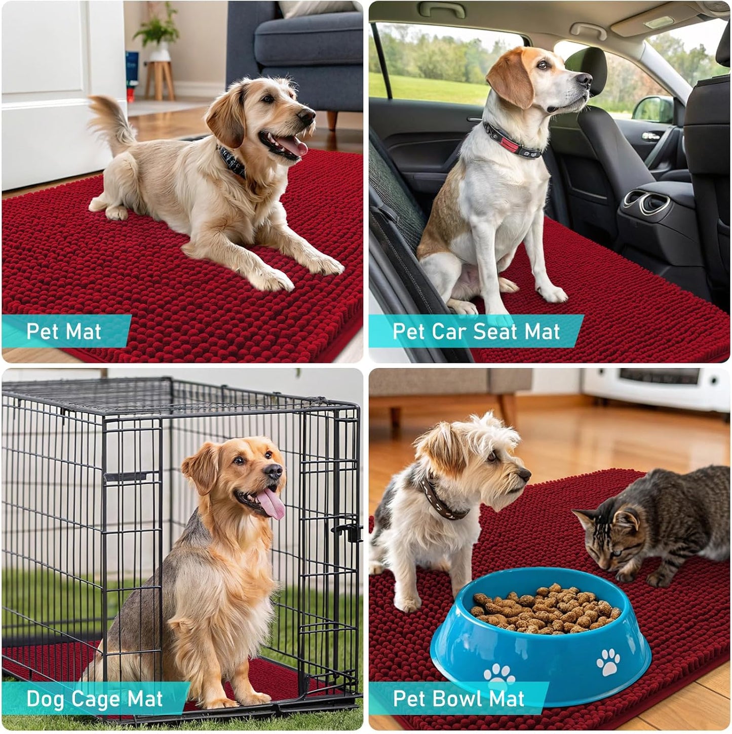 OLANLY Dog Door Mat - Absorbent Non-Slip Chenille for Muddy Paws | 59x32, Quick Dry Indoor Entryway Carpet, Red