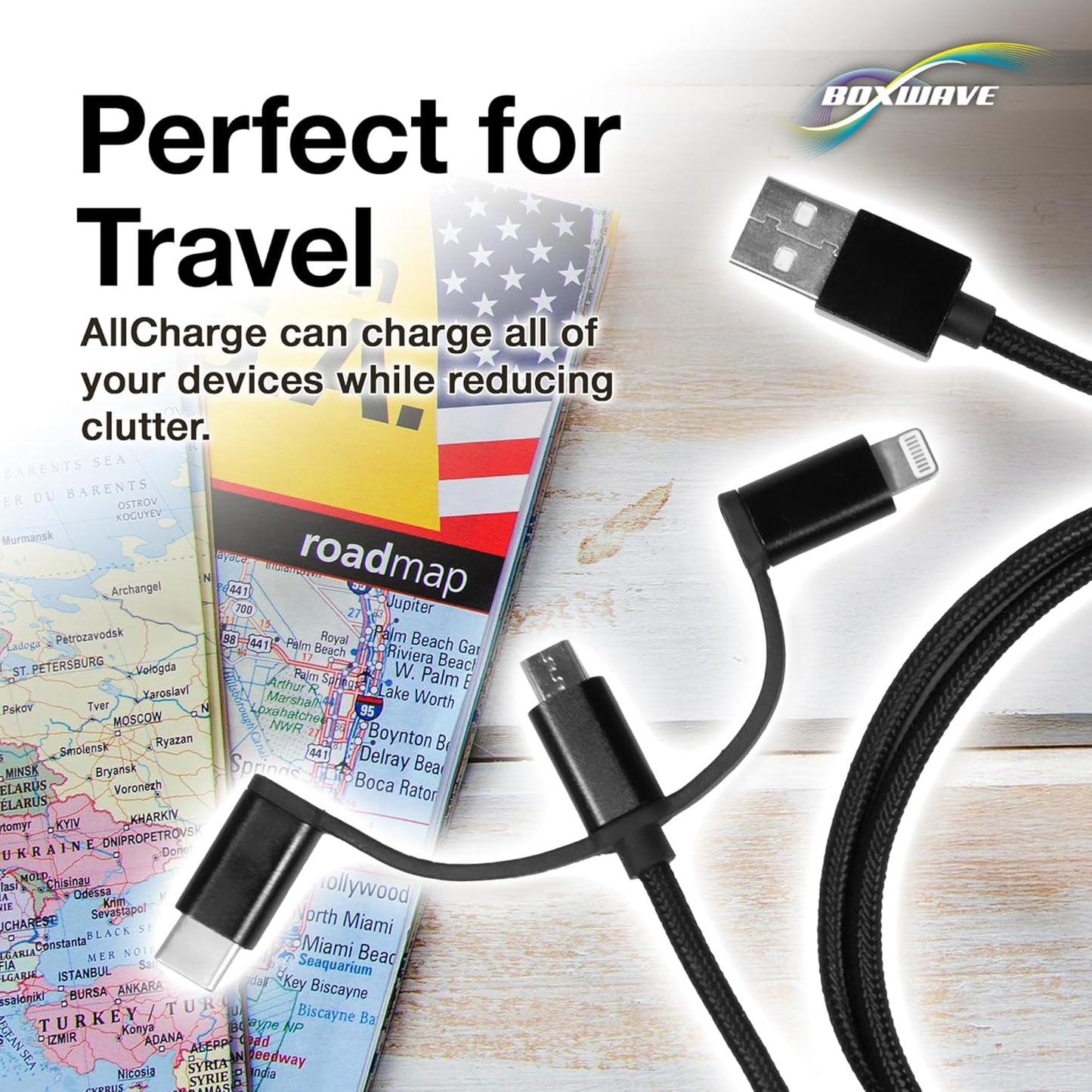 BoxWave MP3 (2.4 3-in-1 Cable Compatible with Safuciiv Player in) - AllCharge Cable - Jet Black