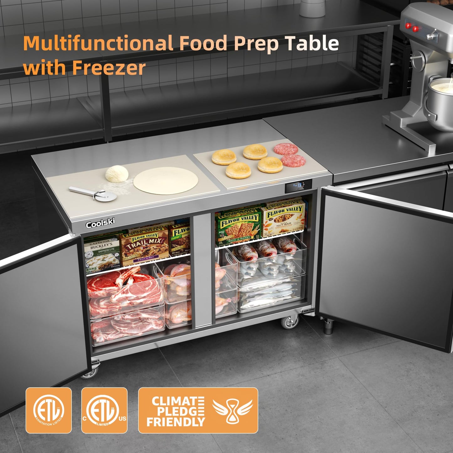 Coolski 48”W Commercial Freezer Undercounter Worktop, 13.4 Cu.ft. Stainless Steel Worktop Food Prep Freezer, -13℉to -5℉, Double Door 2 Shelves Fridge for Restaurant/Bar/Diner/Kitchen Use