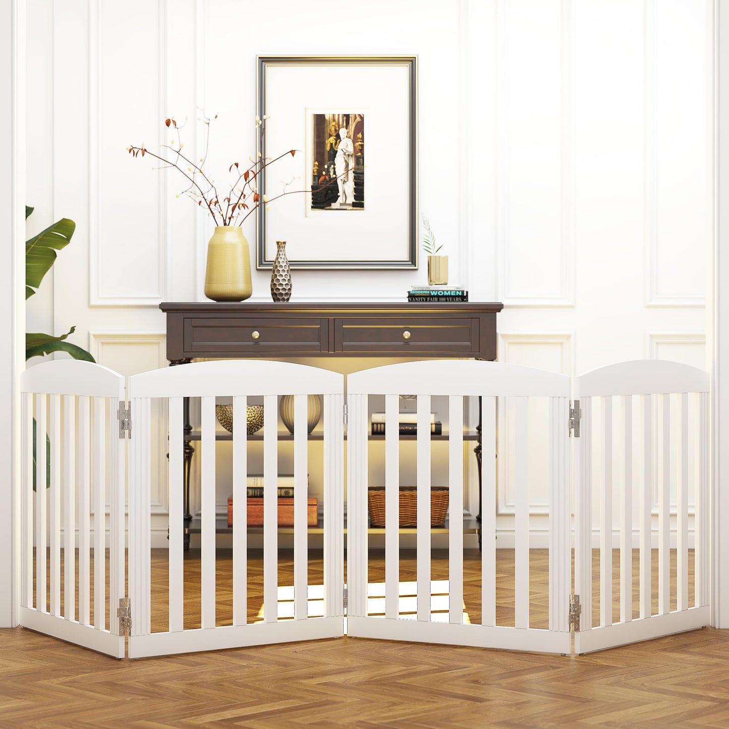 SPIRICH 96" Extra Wide 28" Tall Wooden Freestanding Foldable Dog Gate, Pet Gate Indoor, 4 Panels, White