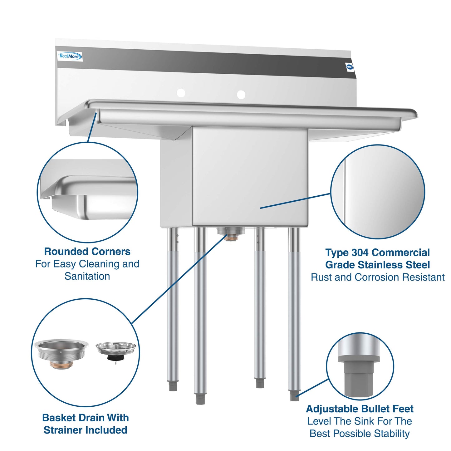 KoolMore 1 Compartment Stainless Steel NSF Commercial Kitchen Prep & Utility Sink with 2 Drainboards - Bowl Size 14" x 16" x 11", Silver