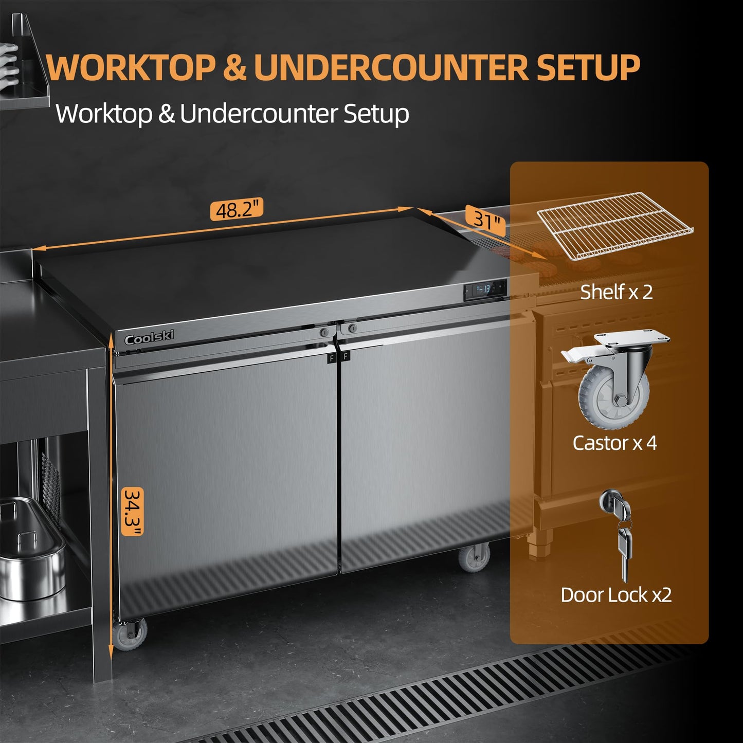 Coolski Commercial Freezer, 48”W Double Door Under Counter Freezer with 13.4 Cu.ft., -13℉to -5℉ Stainless Steel Fan Cooling Worktop Freezer for Restaurant, Bar, Kitchen, Food Truck