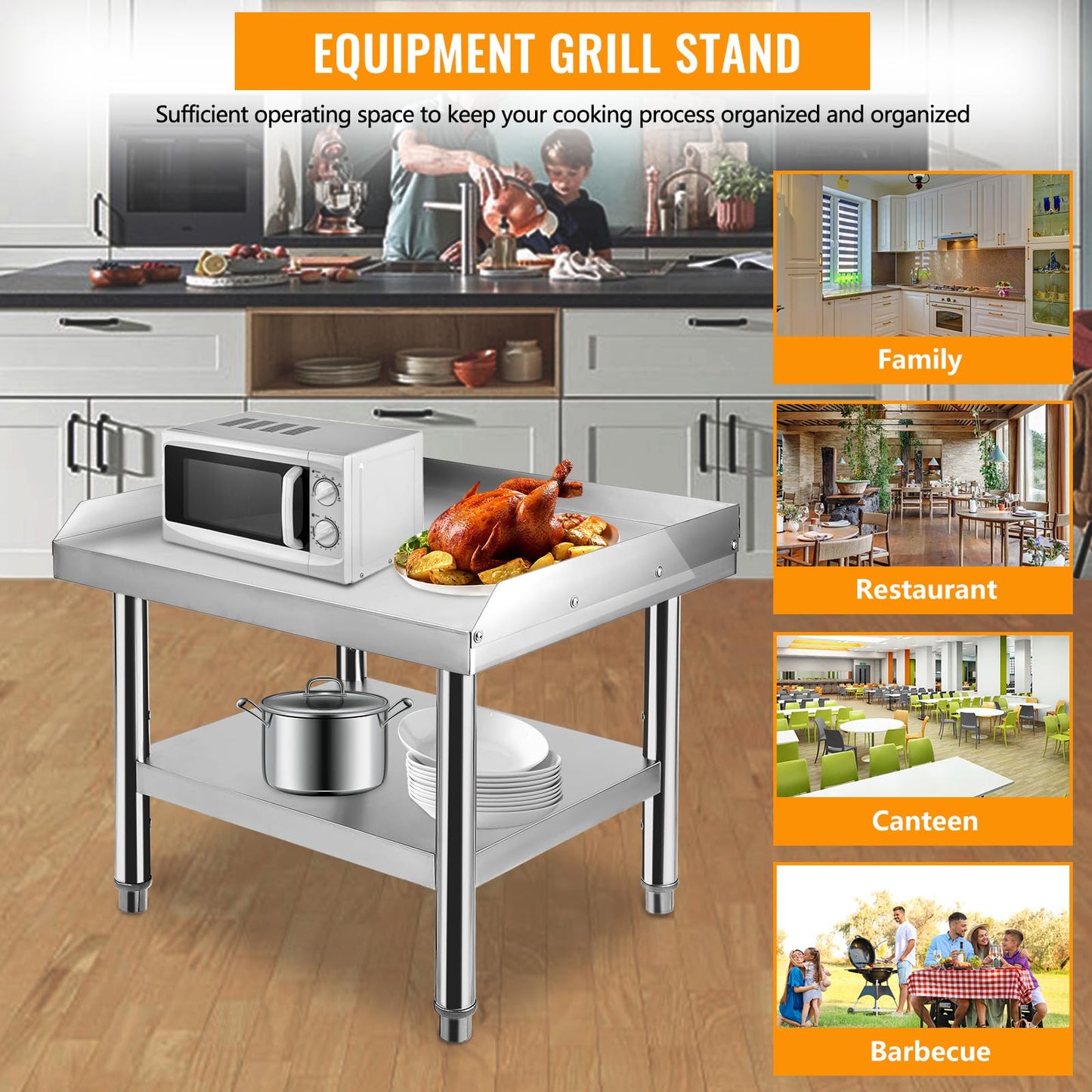 GarveeTech Stainless Steel 60x30x24 inch Equipment Grill Stand Table, 660 LBS Top and Bottom Shelf, Adjustable Legs, 2 inch Edge Baffle, for Hotel, Home, Commercial Restaurant Kitchen