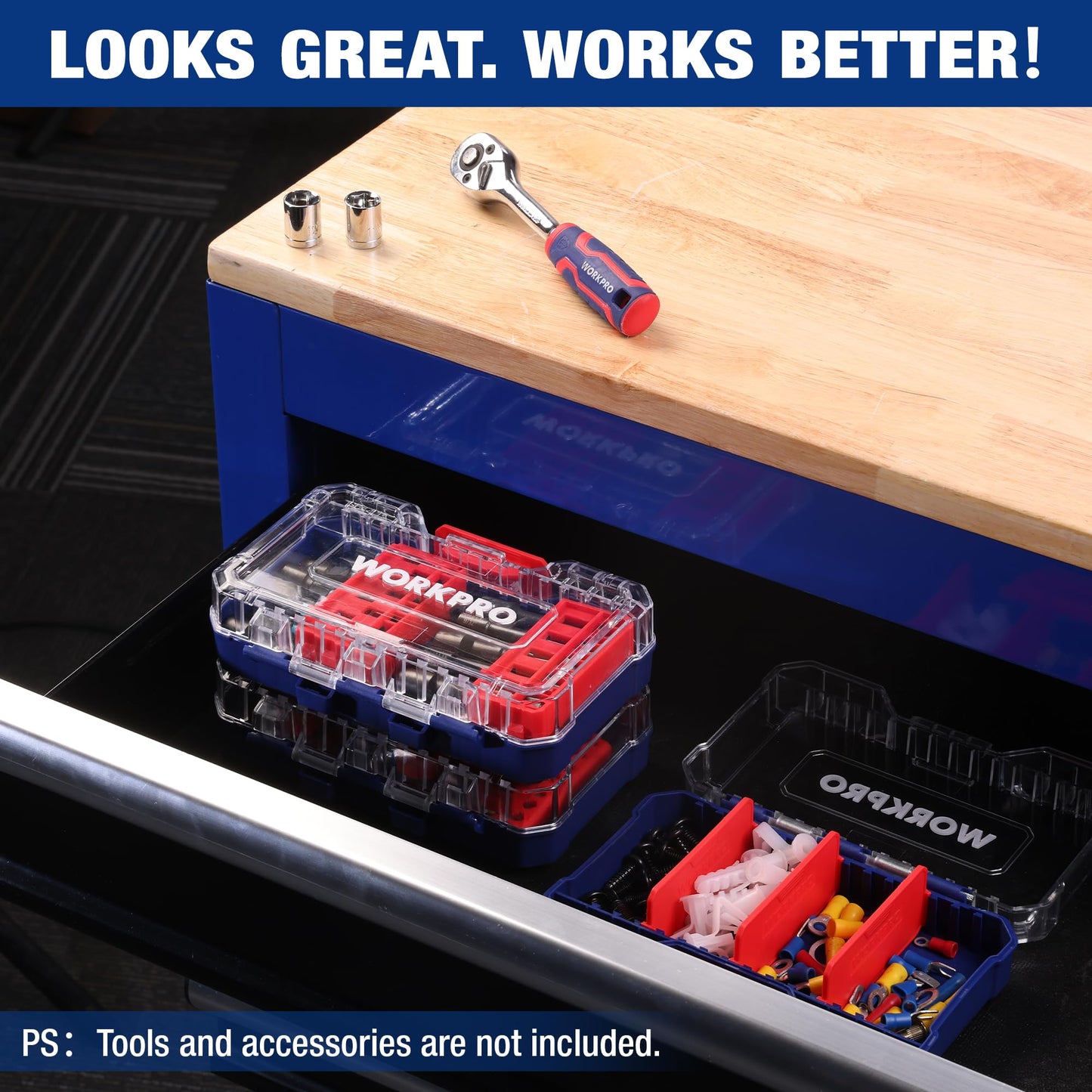 WORKPRO Small Parts Organizer 3 Pieces, Portable Stackable Hardware Storage Case with Removable Dividers, Clear Lid Tool Box Organizer for Screws, Bolts, Nails, Craft Supplies and Small Accessories
