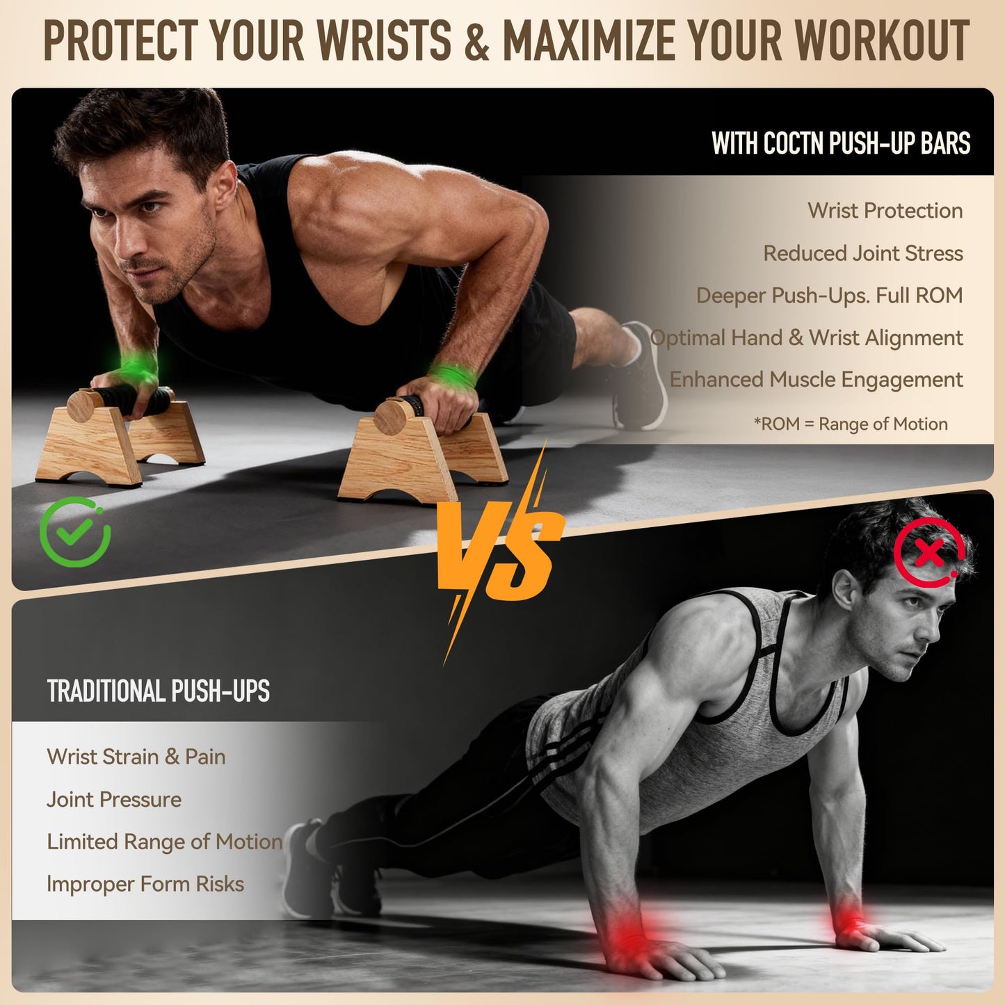 Wood Push up Bar, 2 PCS Parallettes Bars for Men Strength Training, Calisthenics Equipment for Handstand Training (wood, 20cm)