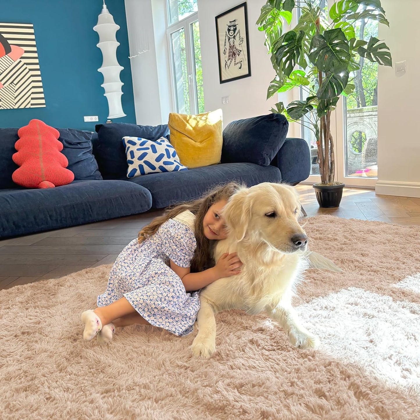 OLANLY Soft Fluffy Shaggy Bedside Rug - Machine Washable 3x3 ft Entryway Carpet | Beige Decor for Kids' Rooms