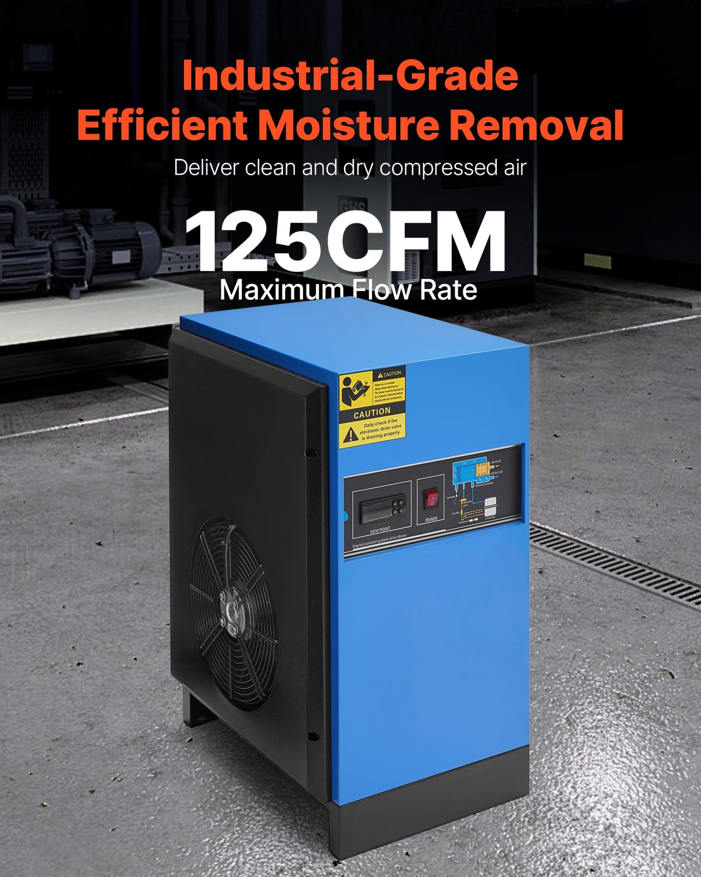 VEVOR Compressed Air Dryer, 125CFM Refrigerated Air Dryer, 110-120V Industrial Refrigerated Air-Drying System for 20HP, 25HP & 30HP Compressors - with Color Screen Control Panel and Automatic Drainage