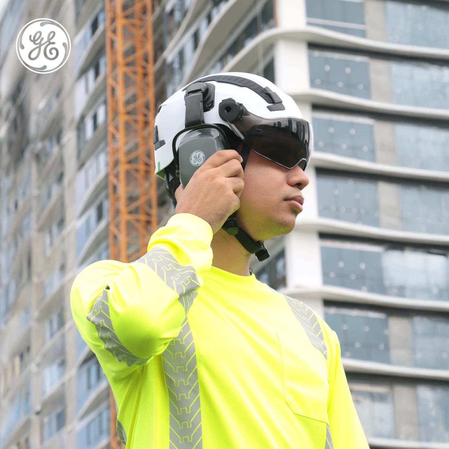 Complete Safety Gear Set: GE Safety Helmet, Full Face Mesh Visor Kit & Cap Mounted Earmuff – Impact Protection | Noise Reduction | Enhanced Comfort for Construction and Industrial Work. (Green)