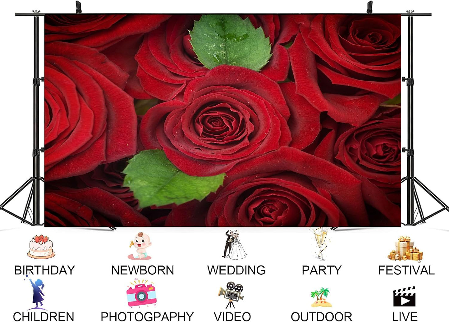 UPXIO 8x8ft Red Roses with Green Leaves Backdrop Romantic Floral Bouquet Photo Background Tapestry for Valentine's Day