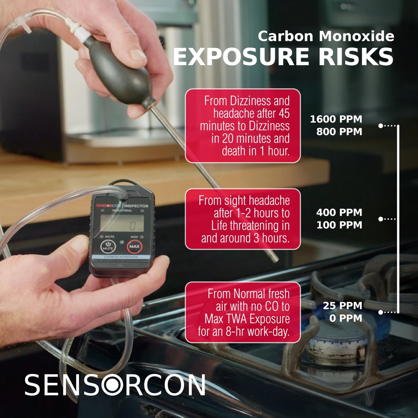 Sensorcon Inspector 2 Industrial CO Detector Kit with Pump Assembly and Probe Kit – Portable Carbon Monoxide Detector with Visual, Audible and Vibrating Alerts