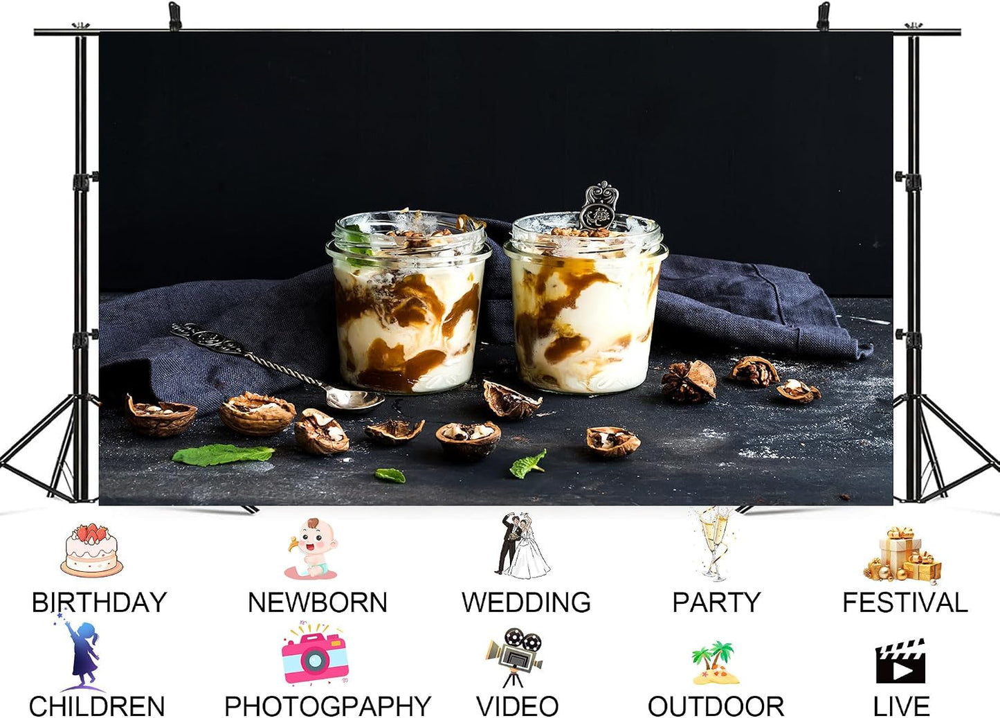 UPXIO 10x8ft Yogurt Parfait with Walnuts Backdrop Caramel Swirl Dessert Photo Background Tapestry for Brunch Party