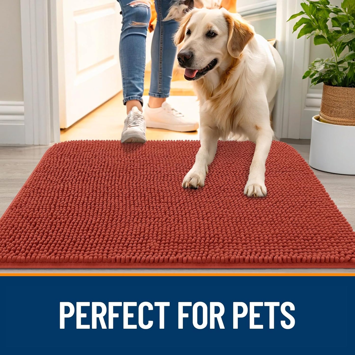 OLANLY Dog Door Mat - Absorbent Non-Slip Chenille Mat for Muddy Paws | 40x32, Quick Dry, Maple Red